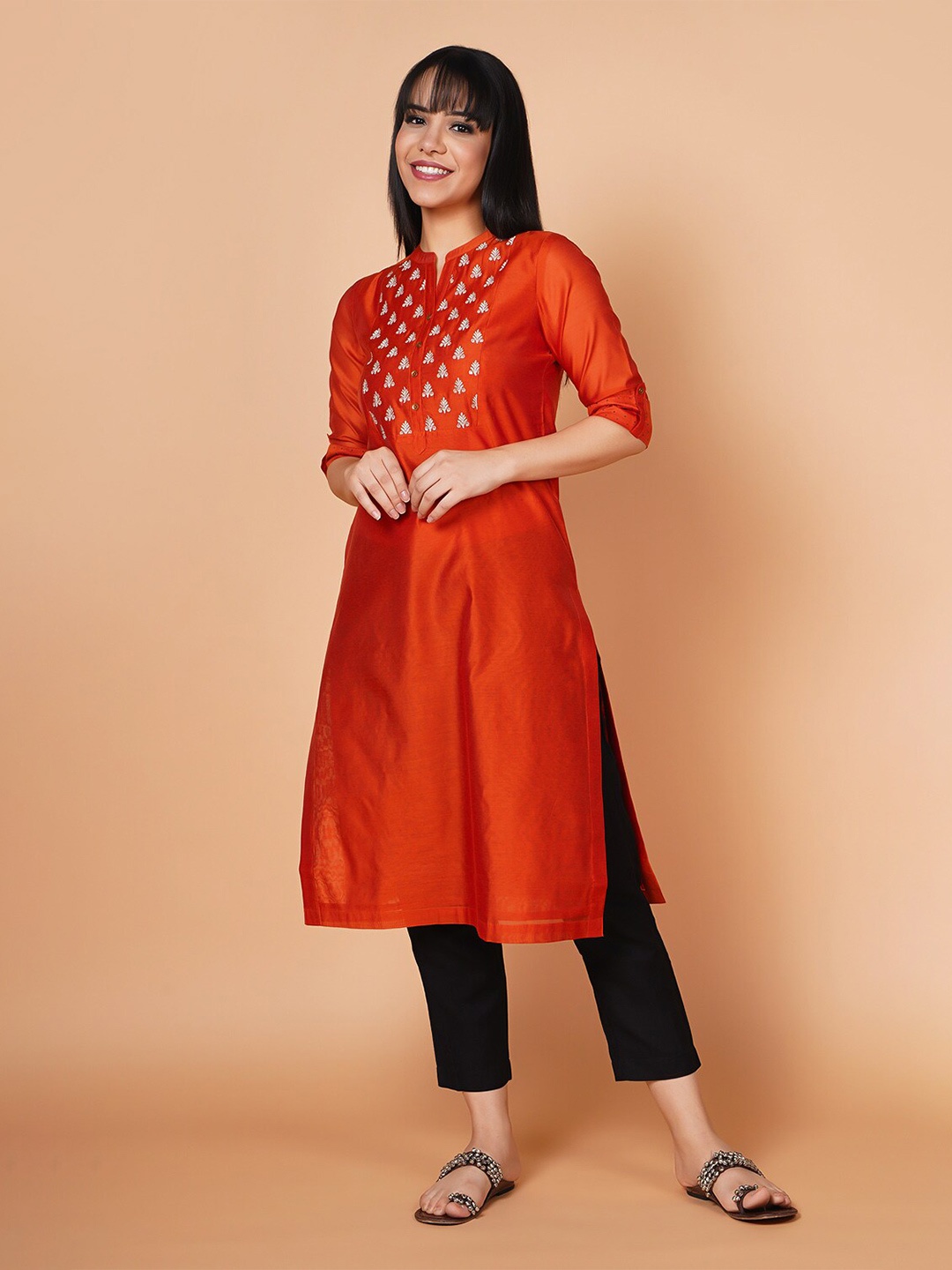 

BARARA ETHNIC Women Ethnic Motifs Yoke Design Thread Work Pure cotton Kurta, Orange