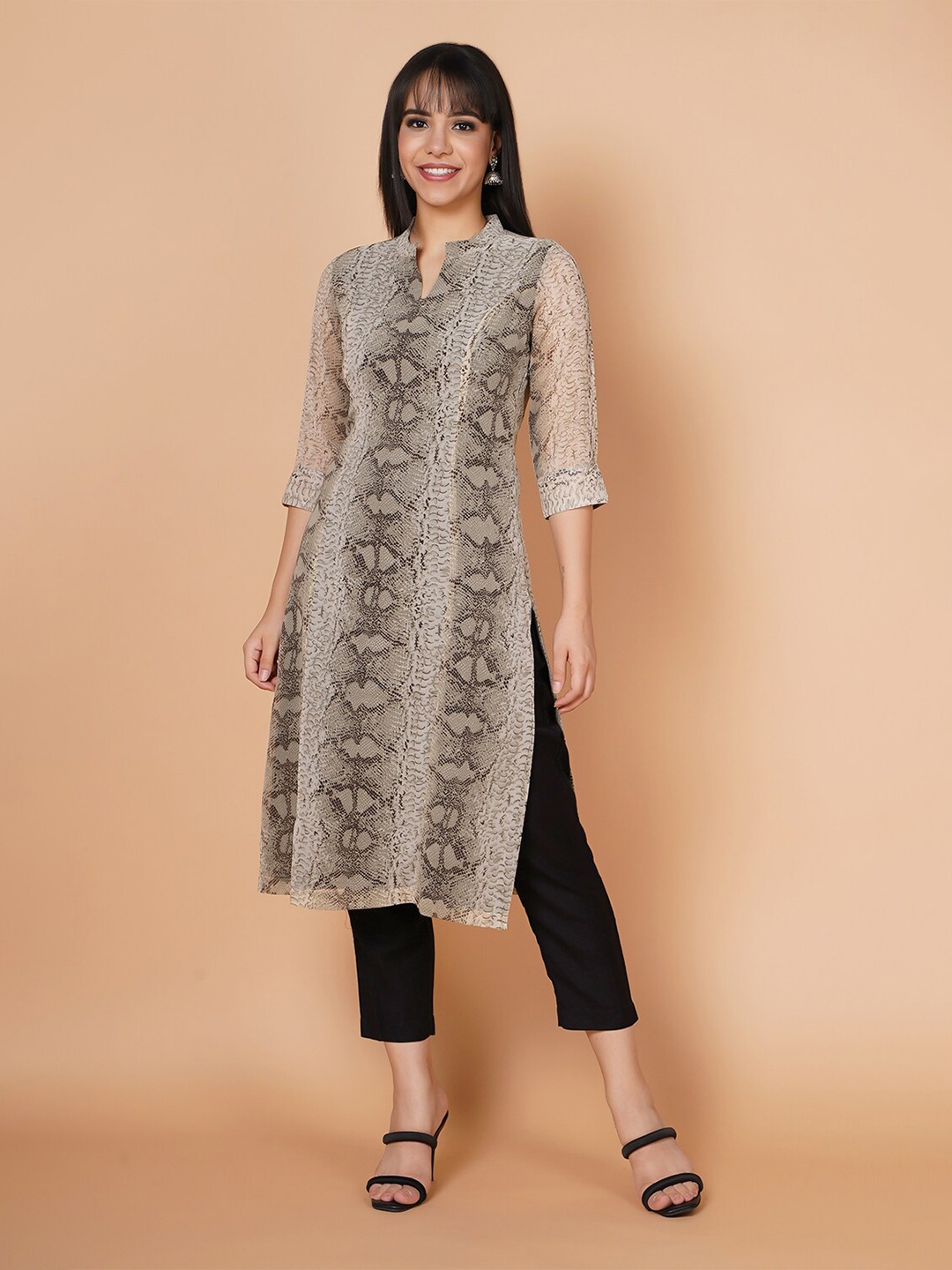 

BARARA ETHNIC Mandarin Collar Printed Crepe Kurta, Grey