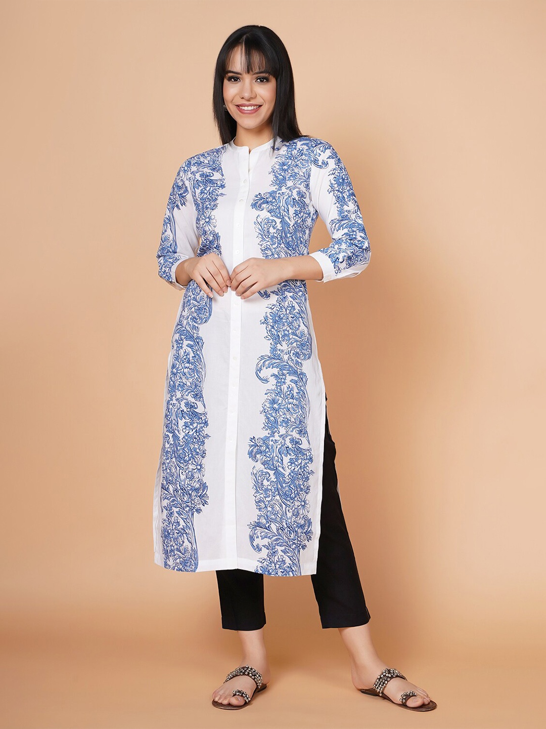 

BARARA ETHNIC Floral Printed Mandarin Collar Pure Cotton Kurta, White