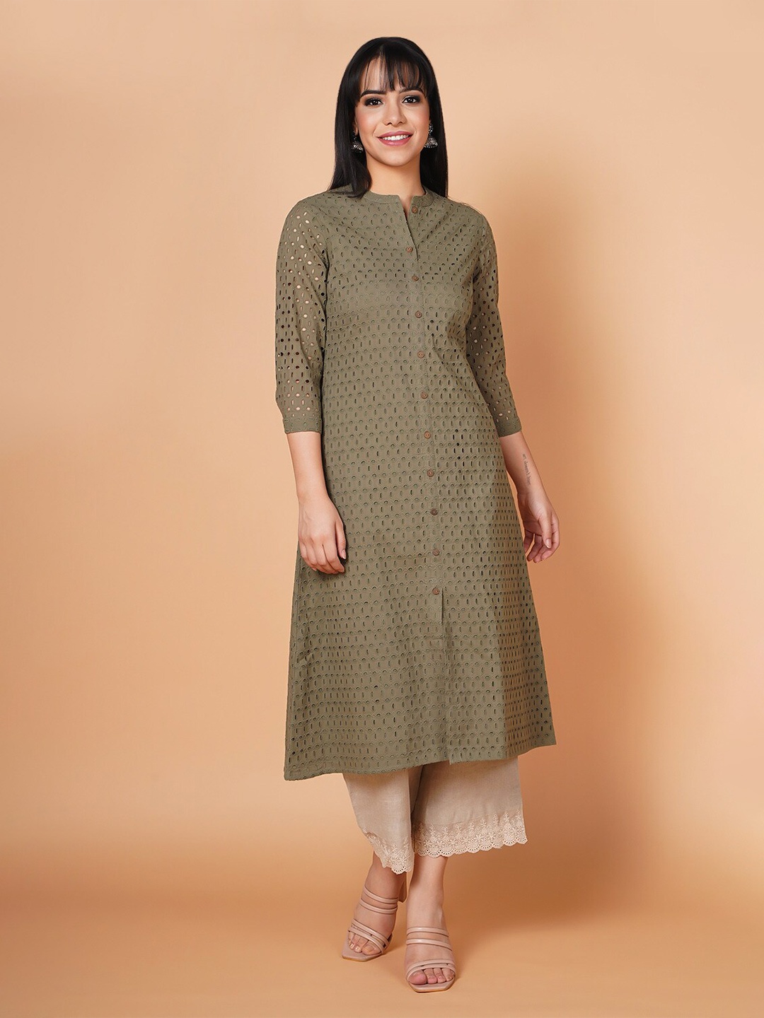 

BARARA ETHNIC Mandarin Collar Pure Cotton Kurta, Olive