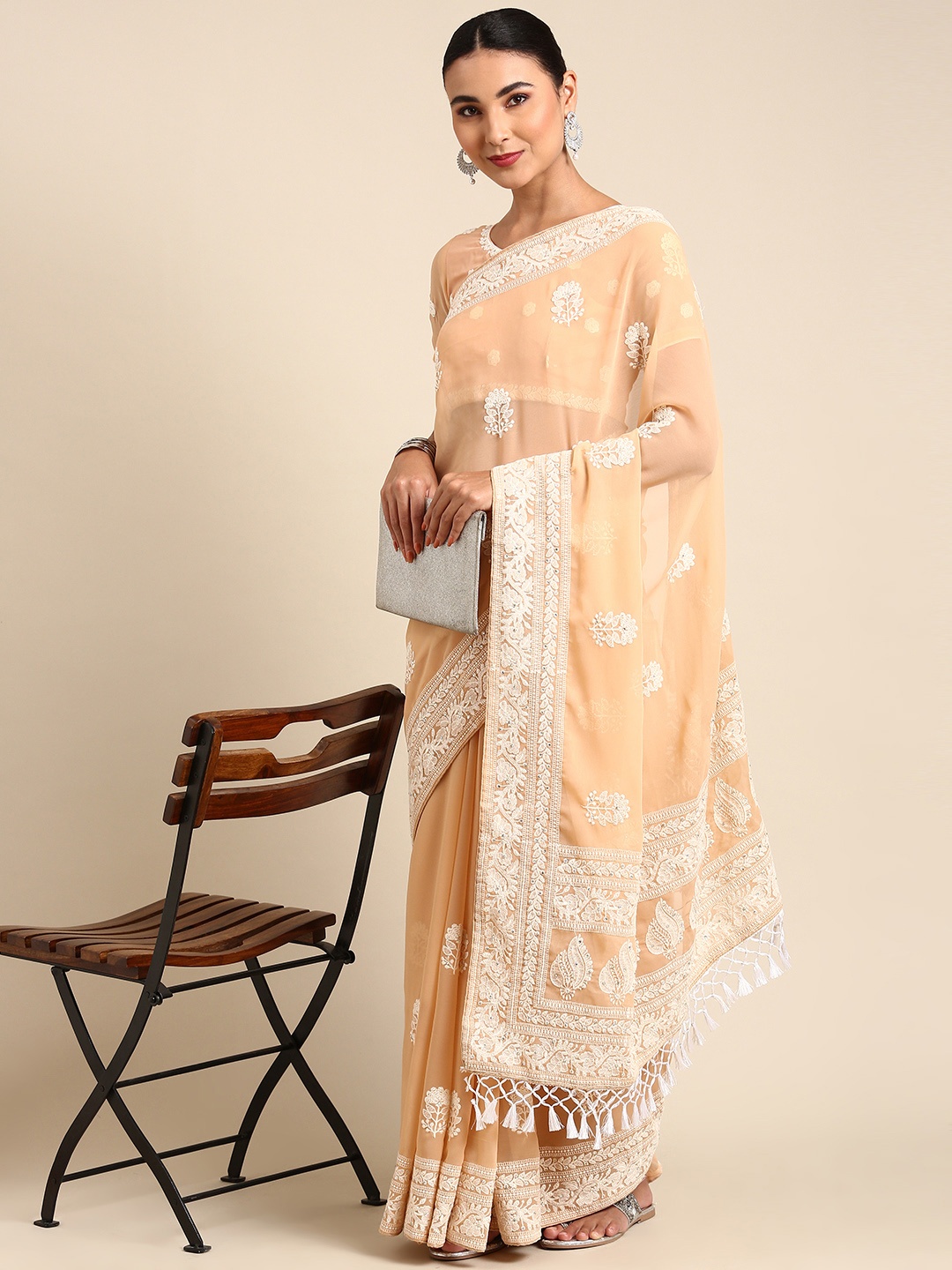 

Shaily Floral Embroidered Chikankari Pure Georgette Saree, Cream