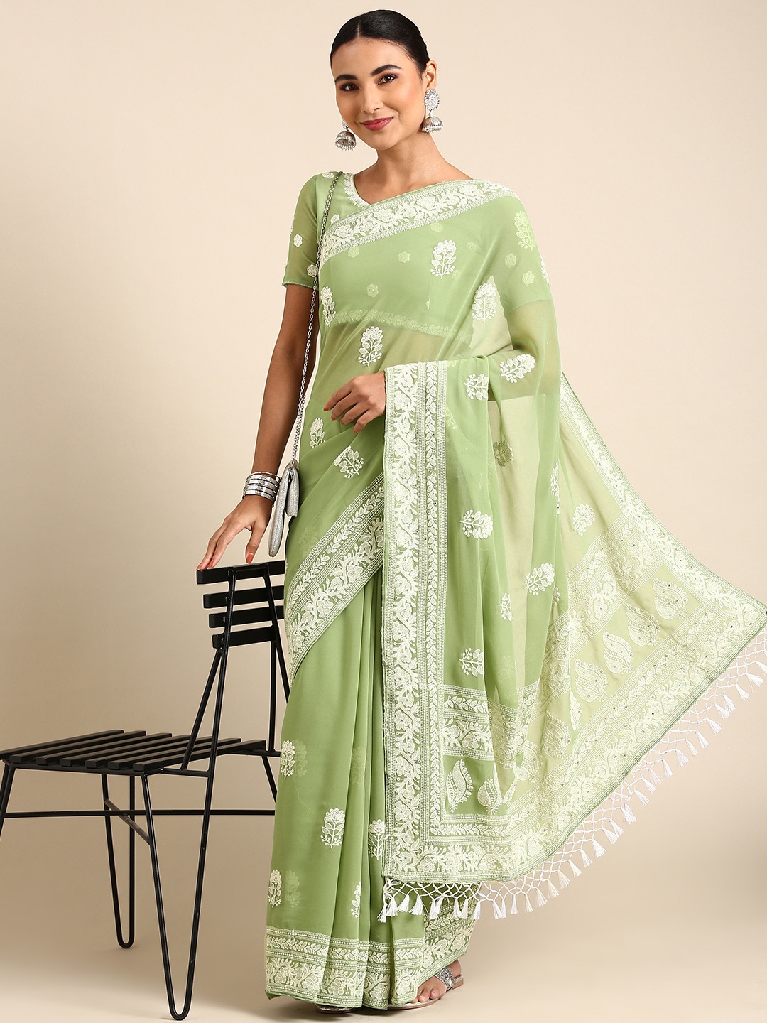 

Shaily Floral Embroidered Chikankari Pure Georgette Saree, Green