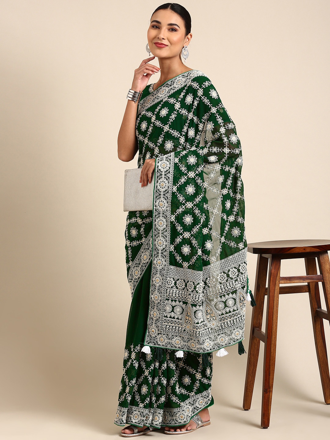 

Shaily Ethnic Motifs Embroidered Chikankari Pure Georgette Saree, Green