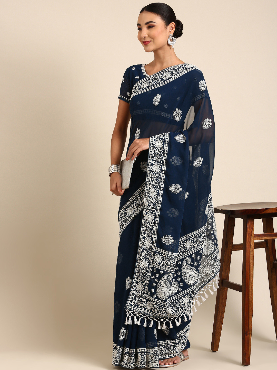 

Shaily Ethnic Motifs Embroidered Chikankari Pure Georgette Saree, Blue