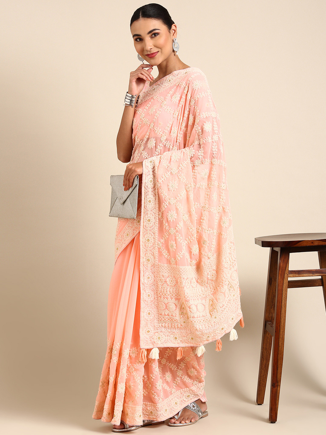 

Shaily Ethnic Motifs Embroidered Chikankari Pure Georgette Saree, Peach