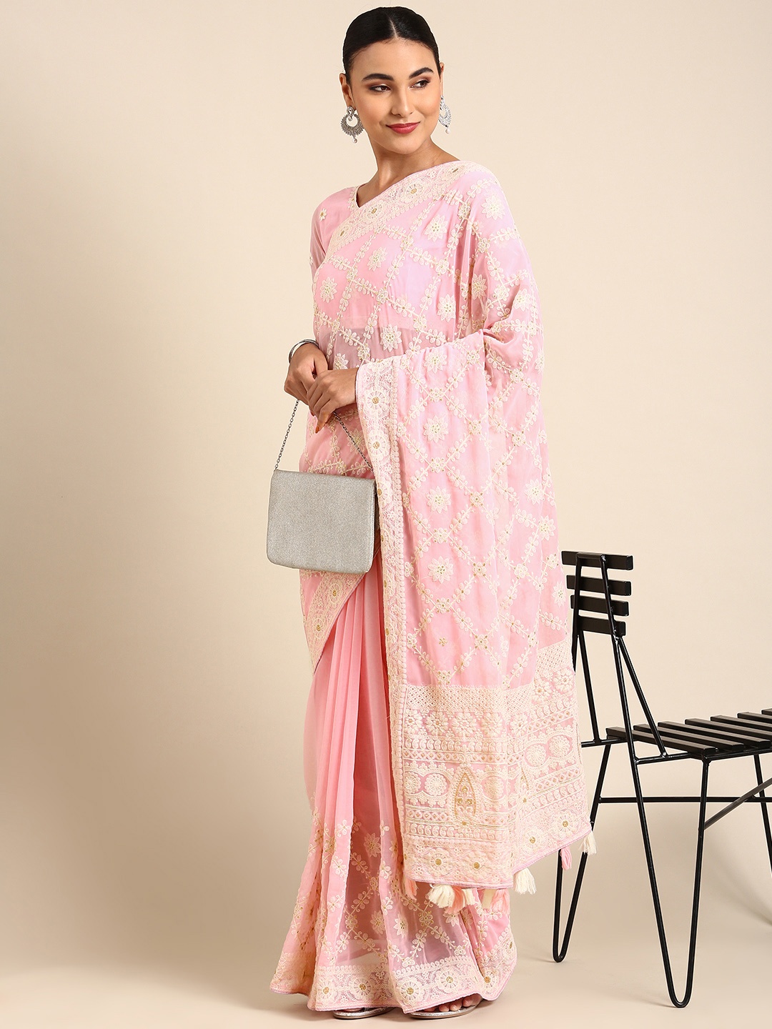 

Shaily Ethnic Motifs Embroidered Chikankari Pure Georgette Saree, Pink