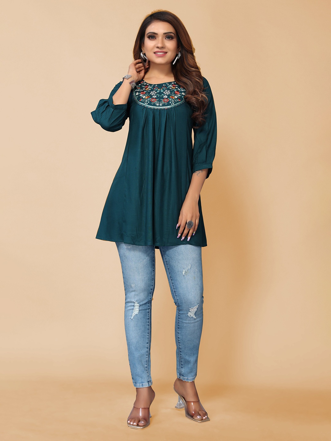 

KALINI Floral Embroidered Round Neck A-Line Regular Top, Blue