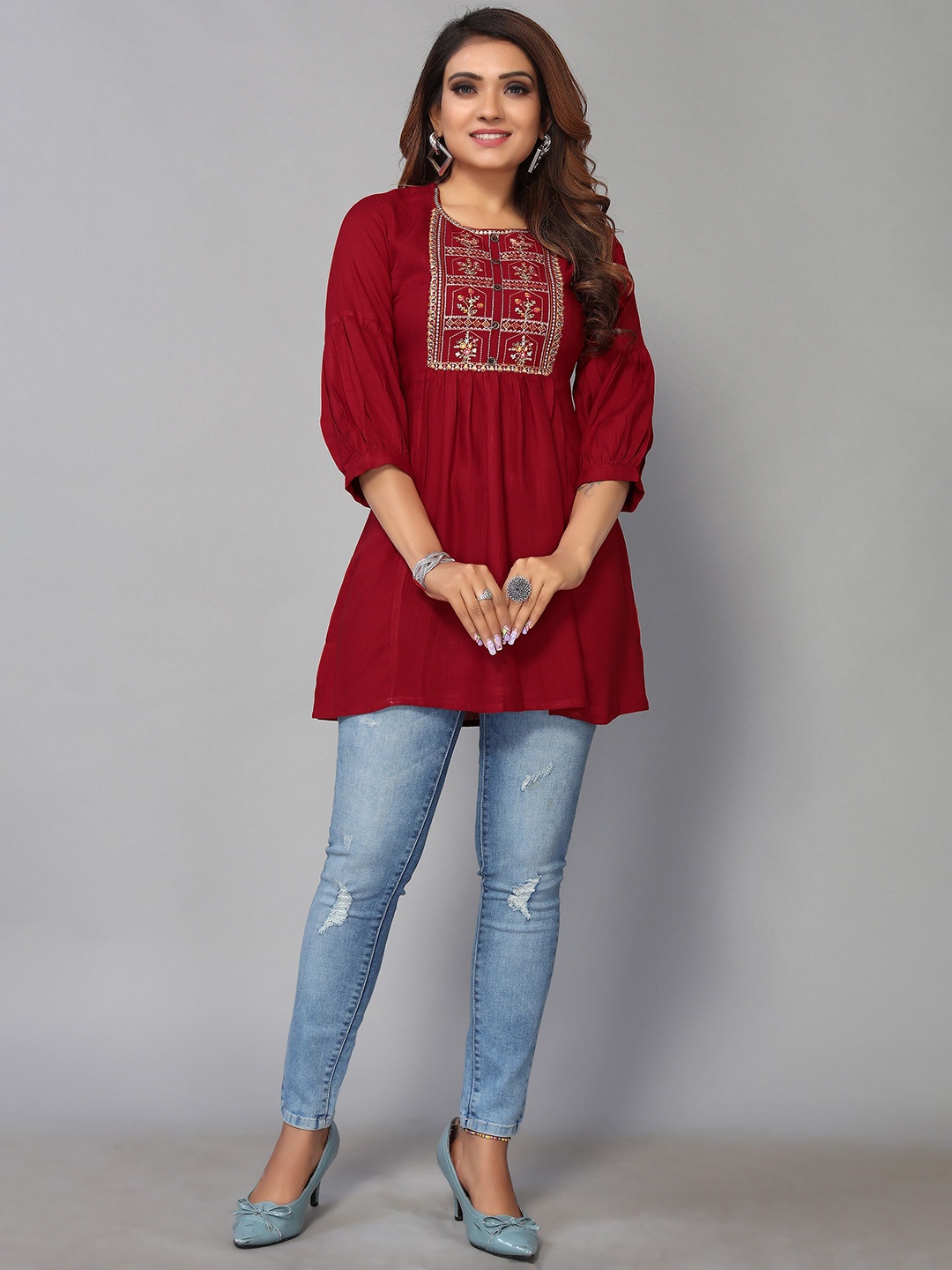 

Nimayaa Floral Embroidered Longline Top, Red