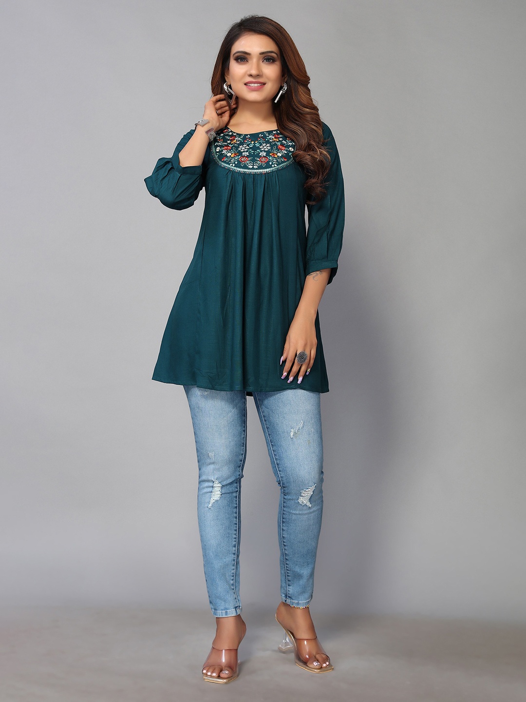 

Nimayaa Round Neck Embroidered Top, Blue