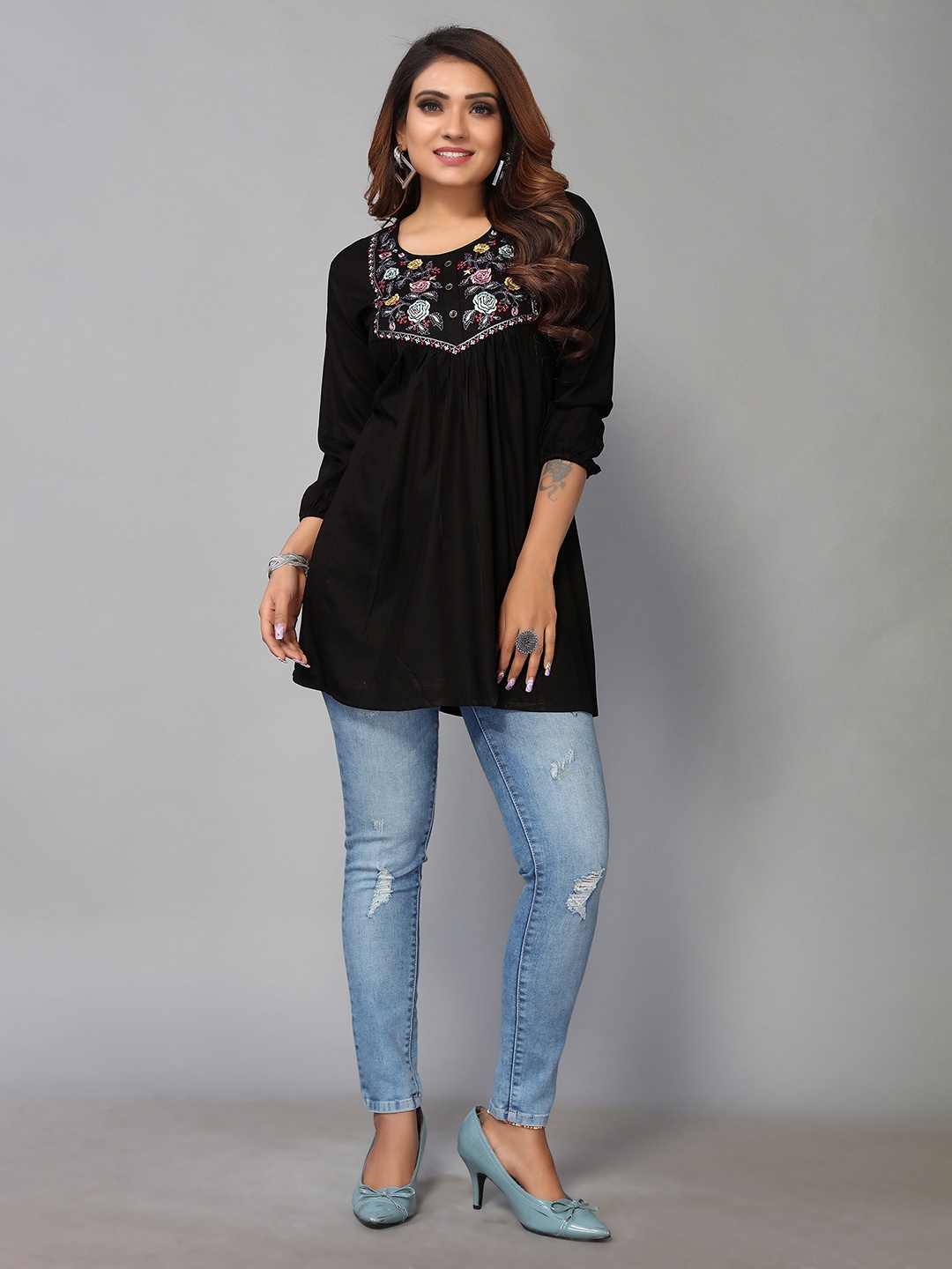 

Nimayaa Floral Embroidered Longline Top, Black