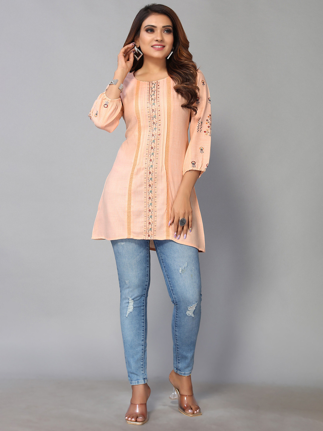 

Nimayaa Round Neck Embroidered Top, Orange