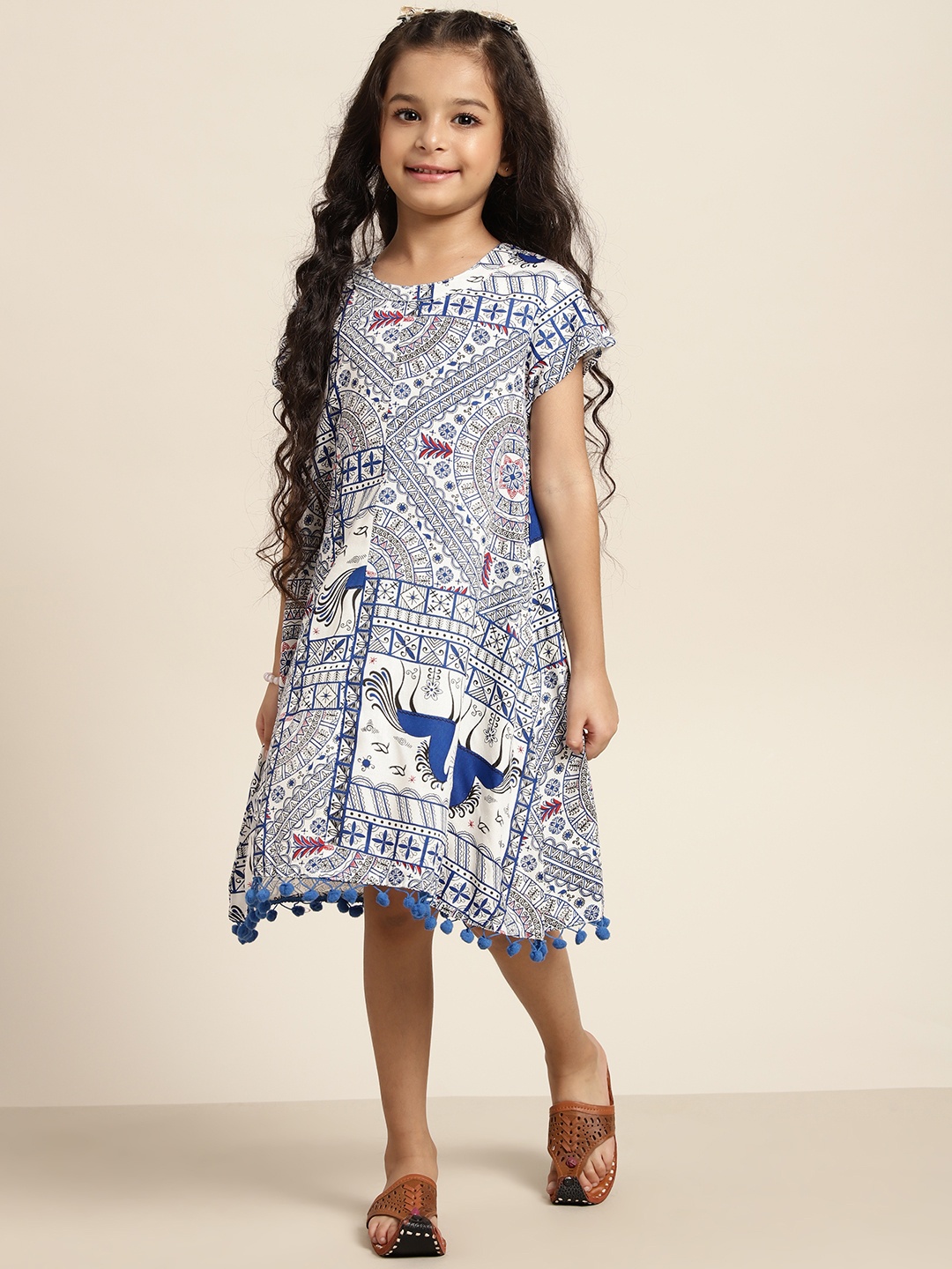 

Sangria Girls Ethnic Motifs Printed A Line Dress, White