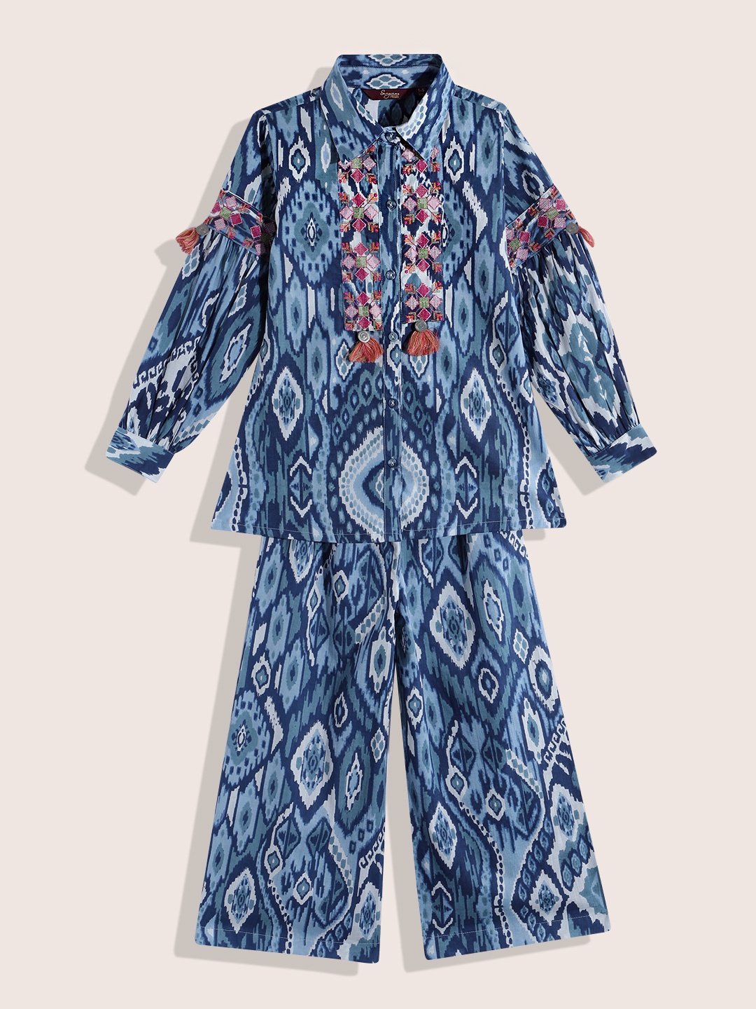 

Sangria Girls Pure Cotton Embroidered Ikkat Printed Shirt with Palazzos, Blue