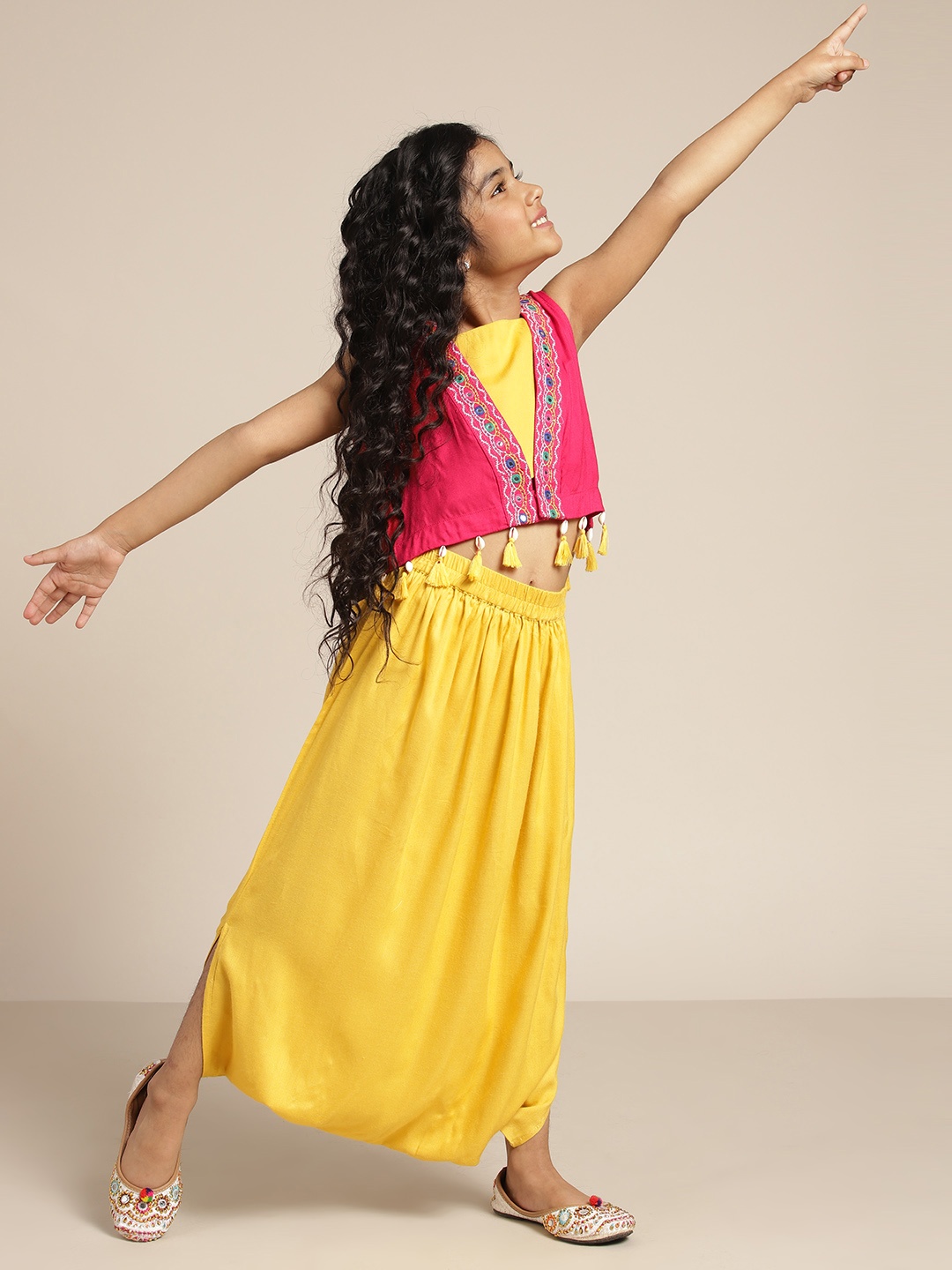 

Sangria Girls Ethnic Top with Dhoti Pants and Embroidered Jacket, Mustard