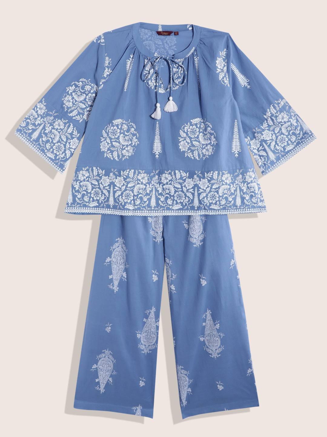 

Sangria Teen Girls Ethnic Motifs Printed Pure Cotton Top With Palazzos, Blue