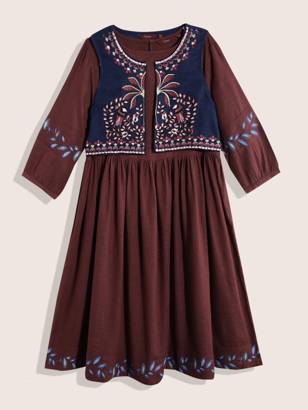 

Sangria Girls Ethnic A-Line Dress With Embroidered Jacket, Maroon