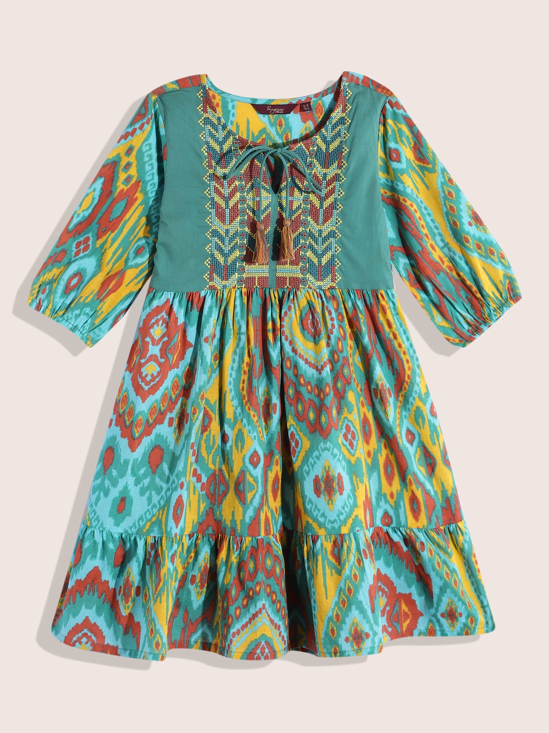 

Sangria Girls Abstract Printed Embroidered Detail Tie-Up Neck Empire Dress, Green