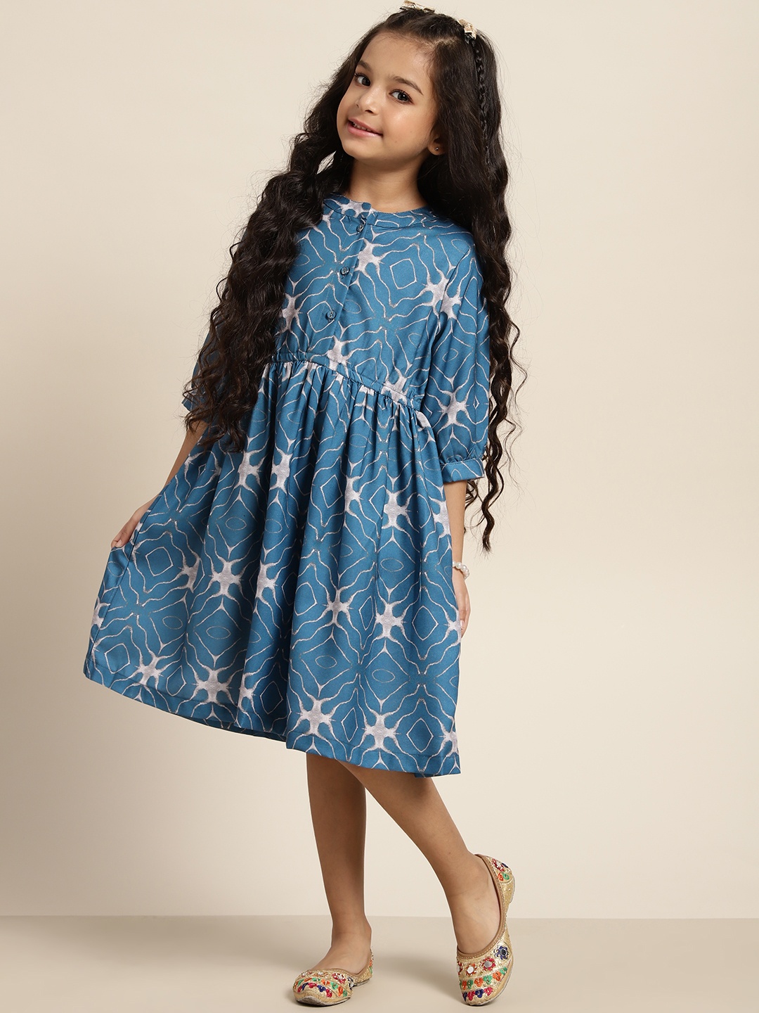 

Sangria Girls Abstract Printed A-Line Ethnic Dress, Teal