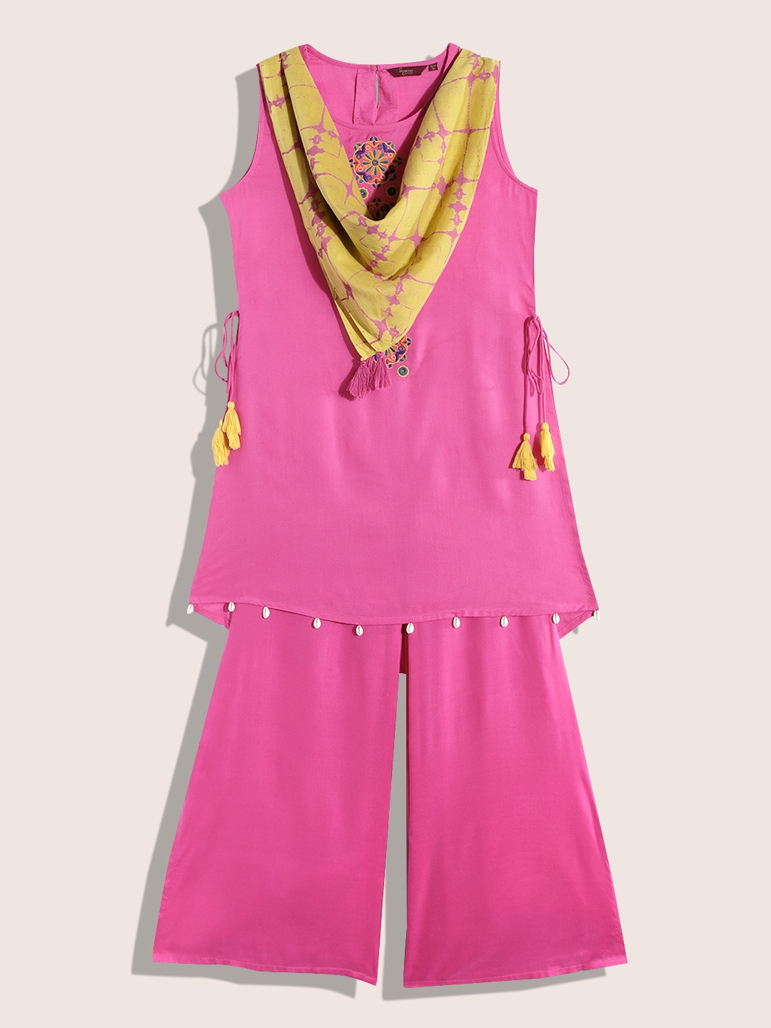 

Sangria Girls Embroidered Kurta with Palazzos & Scarf, Pink