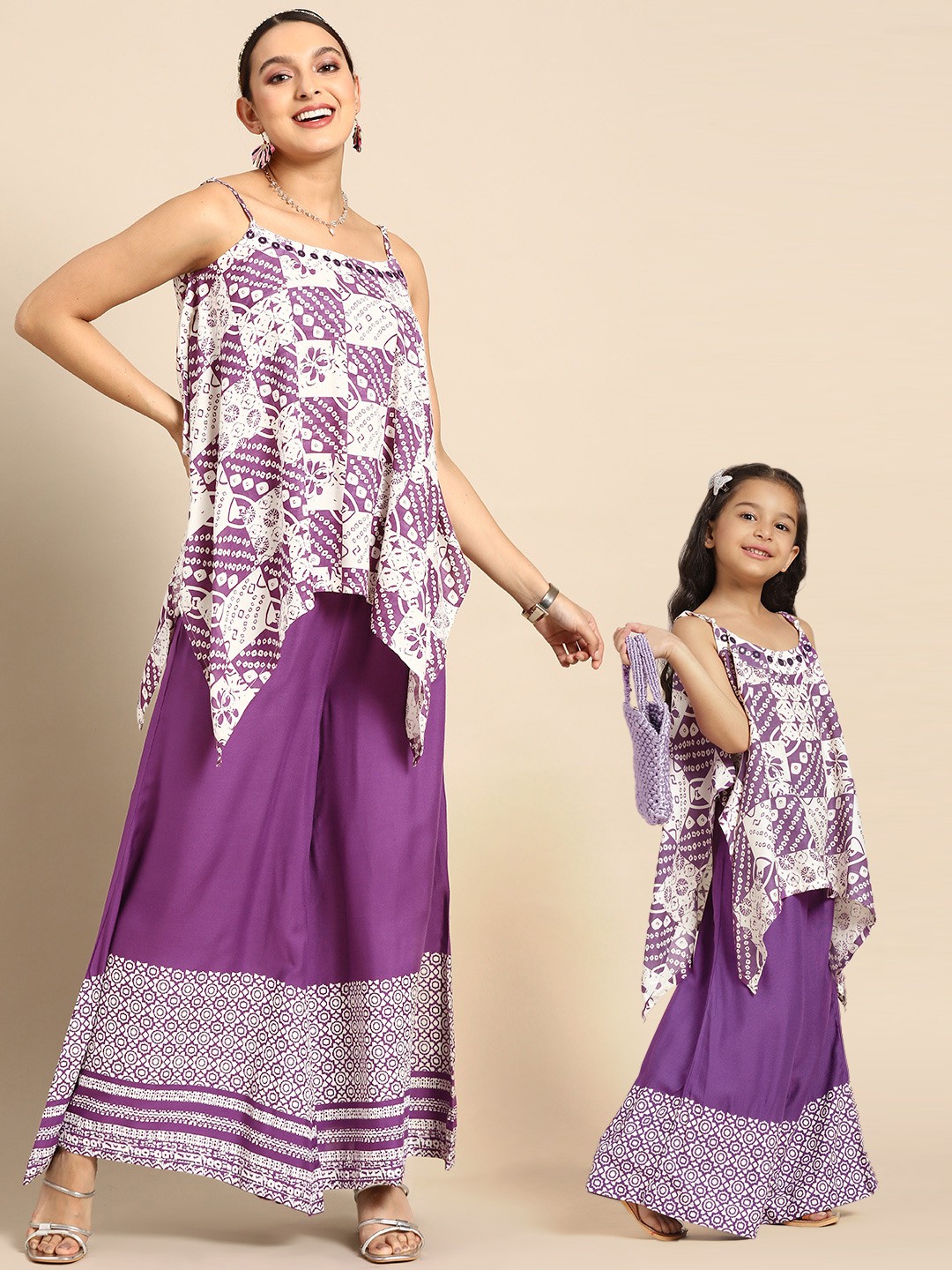 

Sangria Teen Girls Bandhani Printed Kurti with Palazzos, Off white