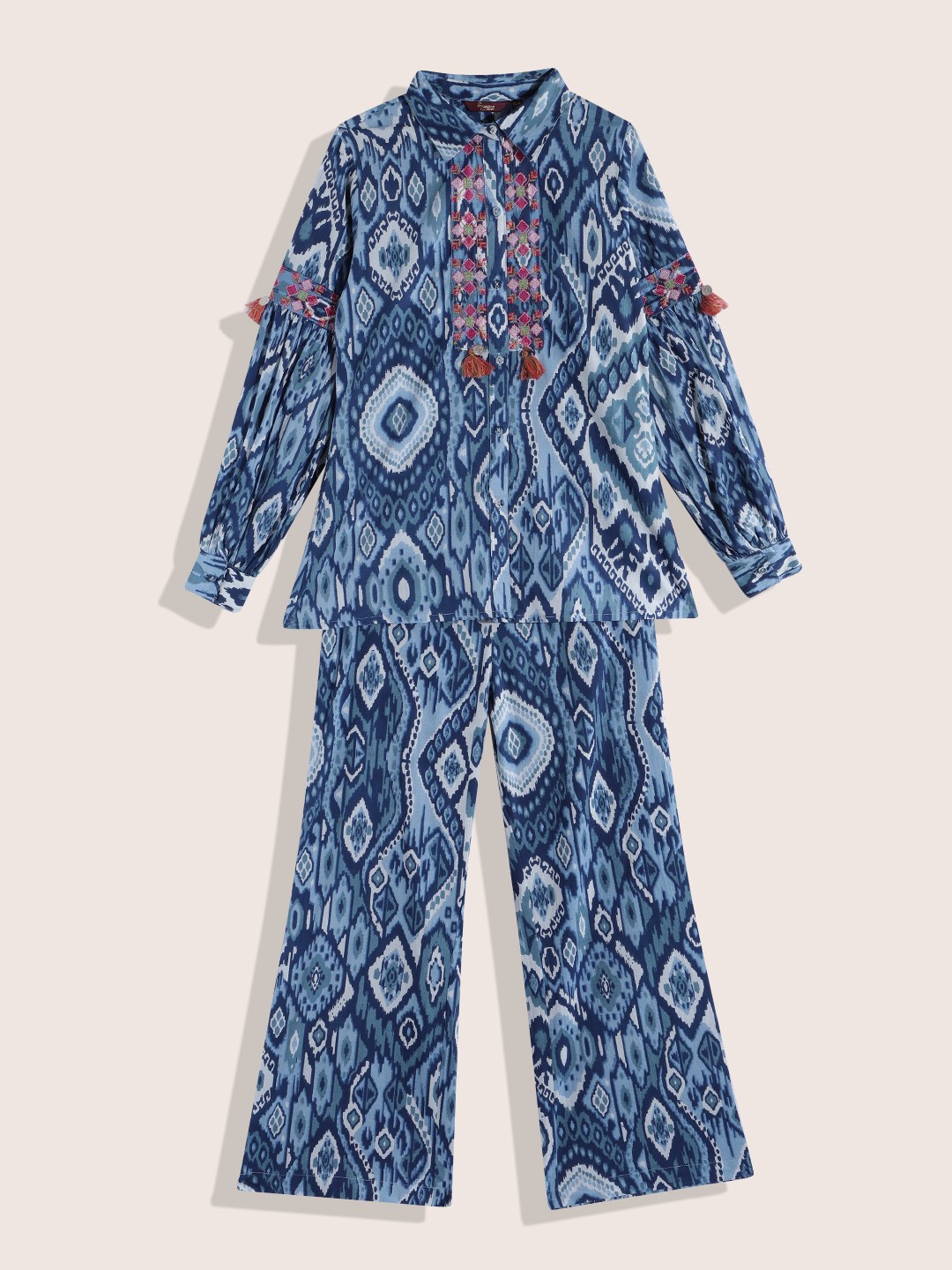 

Sangria Teen Girls Pure Cotton Embroidered Ikkat Printed Shirt with Palazzos, Blue
