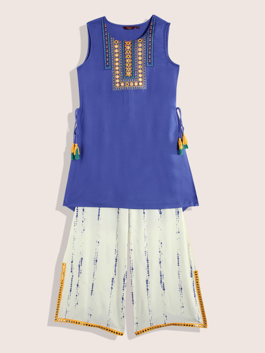 

Sangria Girls Embroidered Mirror Work Kurta with Palazzos, Blue