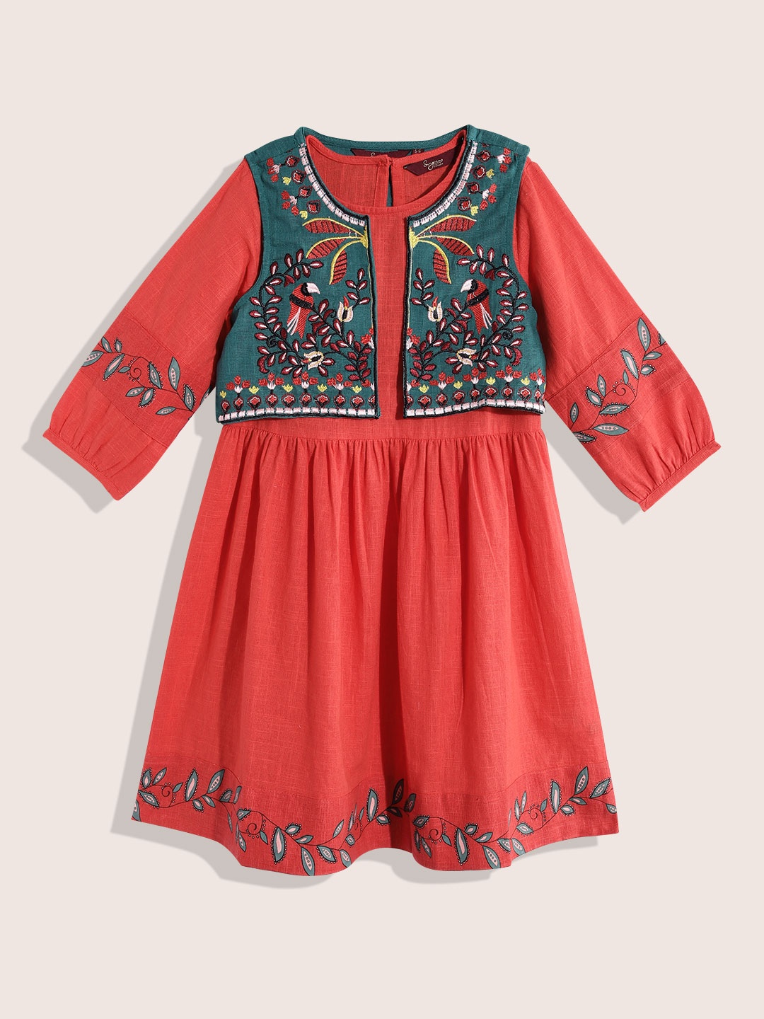 

Sangria Girls Ethnic A-Line Dress With Embroidered Jacket, Red