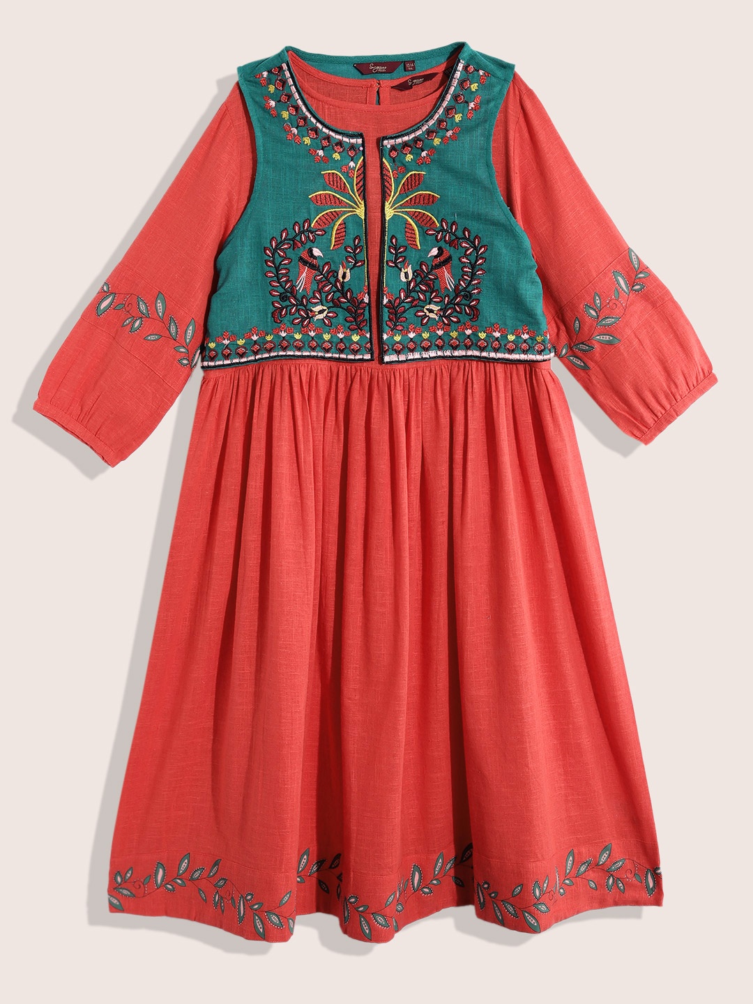 

Sangria Girls Ethnic A-Line Dress With Embroidered Jacket, Red