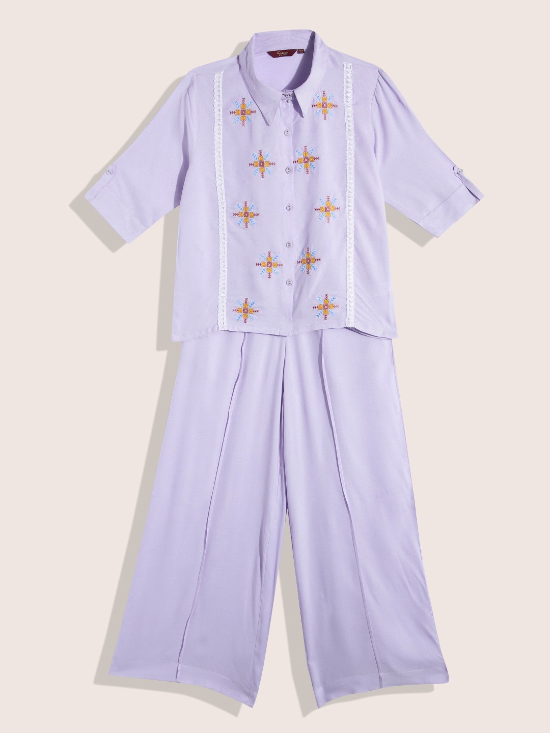 

Sangria Teen Girls Embroidered Shirt with Solid Trousers, Lavender