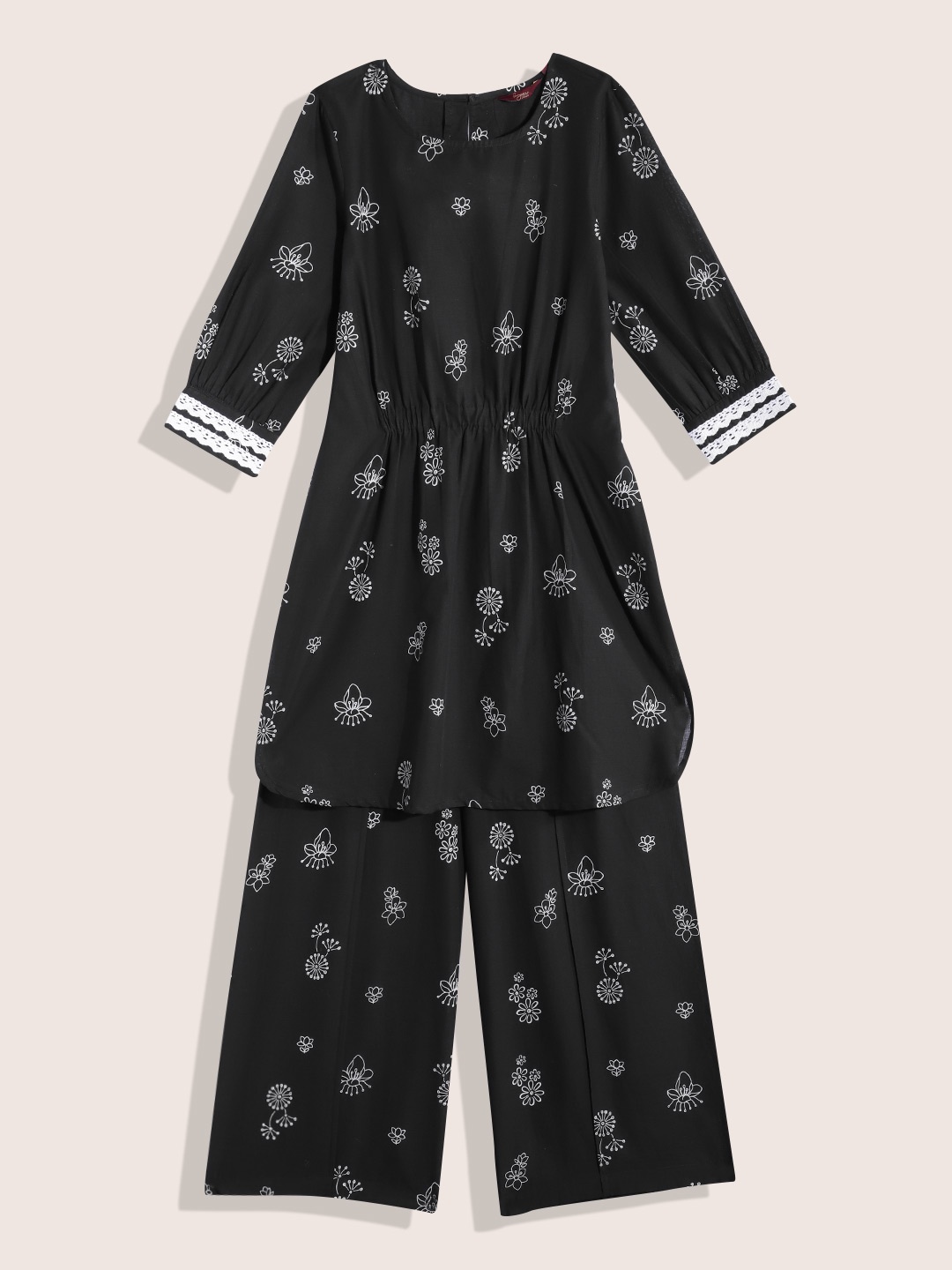 

Sangria Girls Floral Printed Regular Kurta With Palazzos, Black