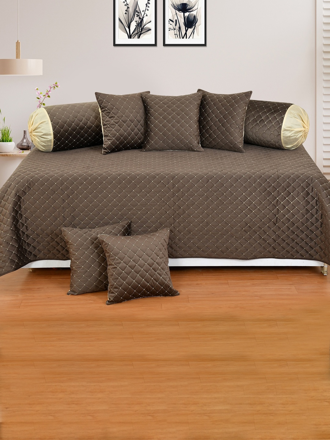 

MULTITEX Set Of 8 Checked Checked Diwan Set, Copper