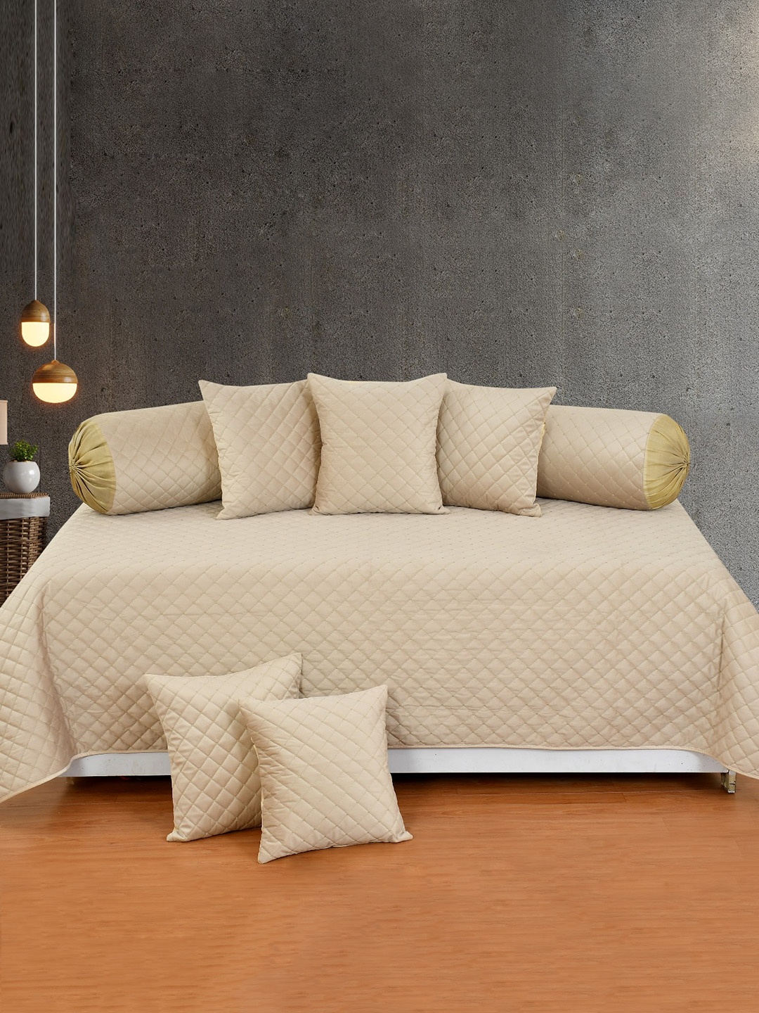 

MULTITEX Set Of 8 Beige Checked Bedsheets With 2 Bolsters & 5 Cushion Covers