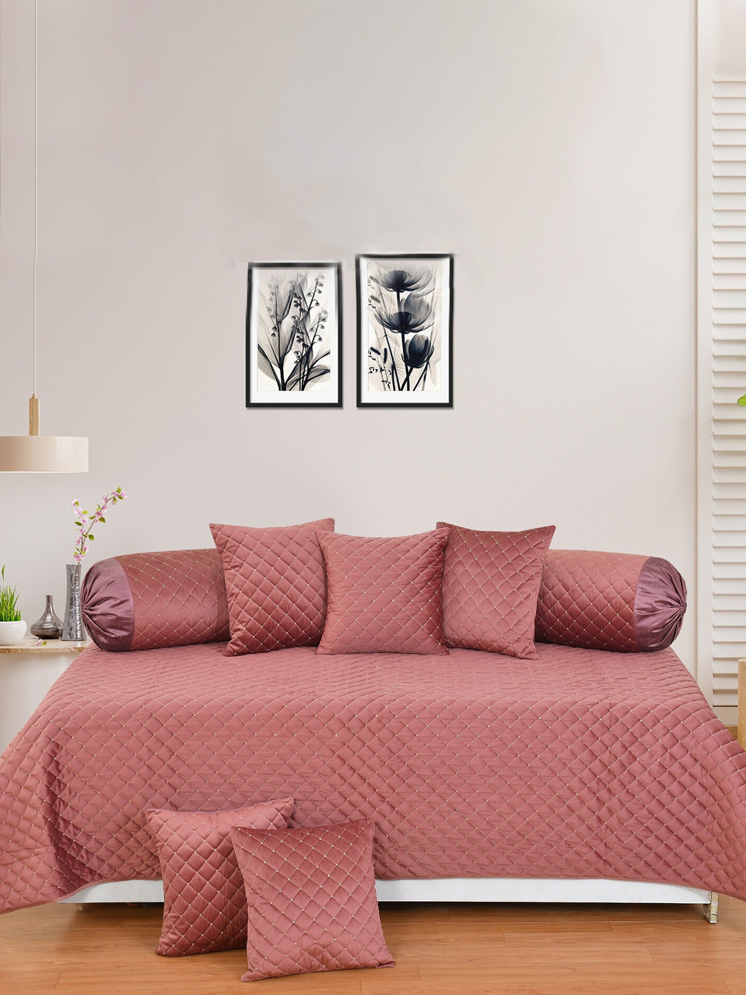 

MULTITEX 8-Pieces Single Bedsheet With 2 Bolster Covers & 5 Cushion Covers, Peach