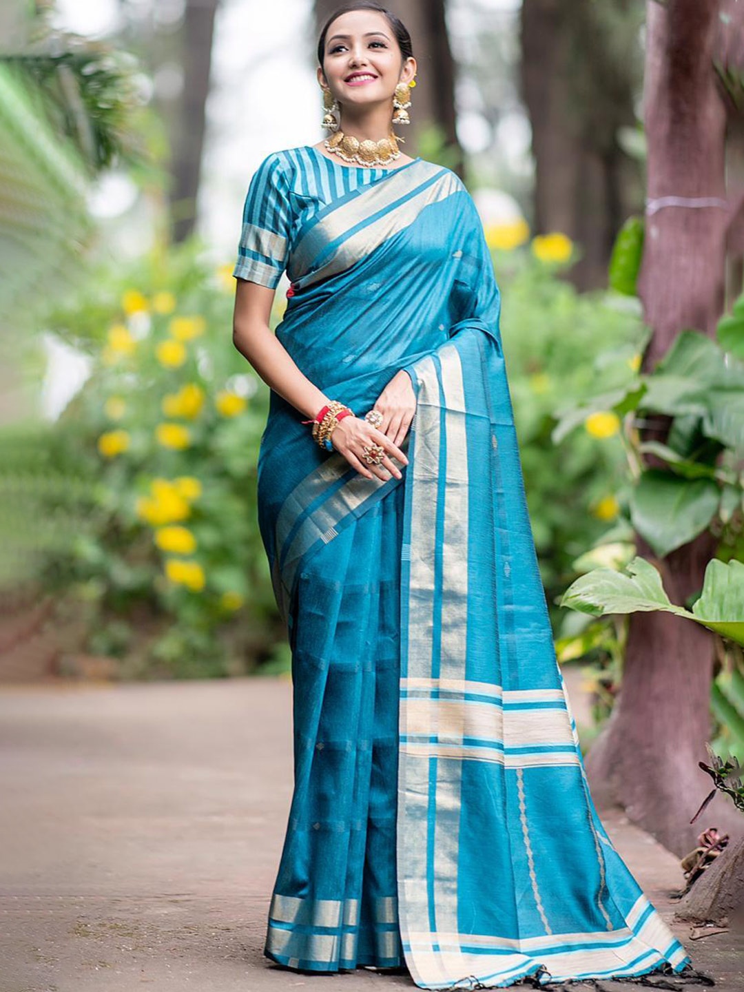 

Fashion Booms Woven Design Zari Pure Silk Kanjeevaram Saree, Turquoise blue