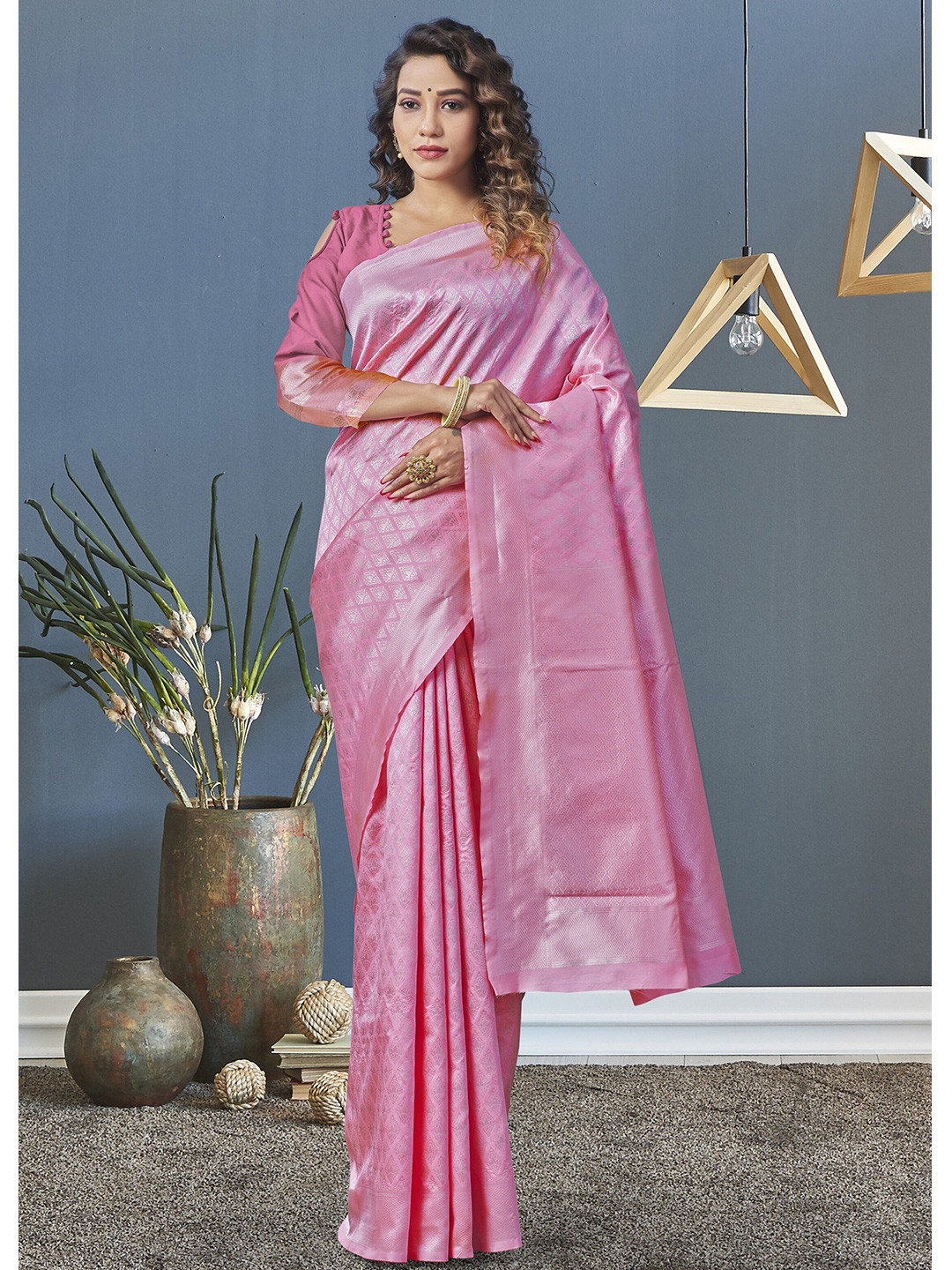 

Fashion Booms Woven Design Zari Pure Silk Kanjeevaram Saree, Pink