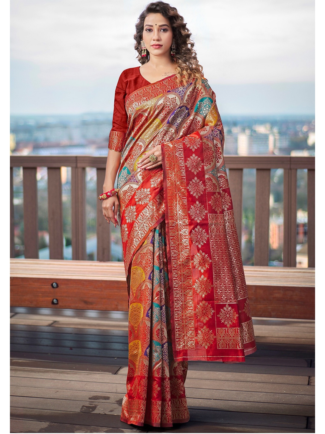 

Fashion Booms Floral Zari Pure Silk Kanjeevaram Saree, Red