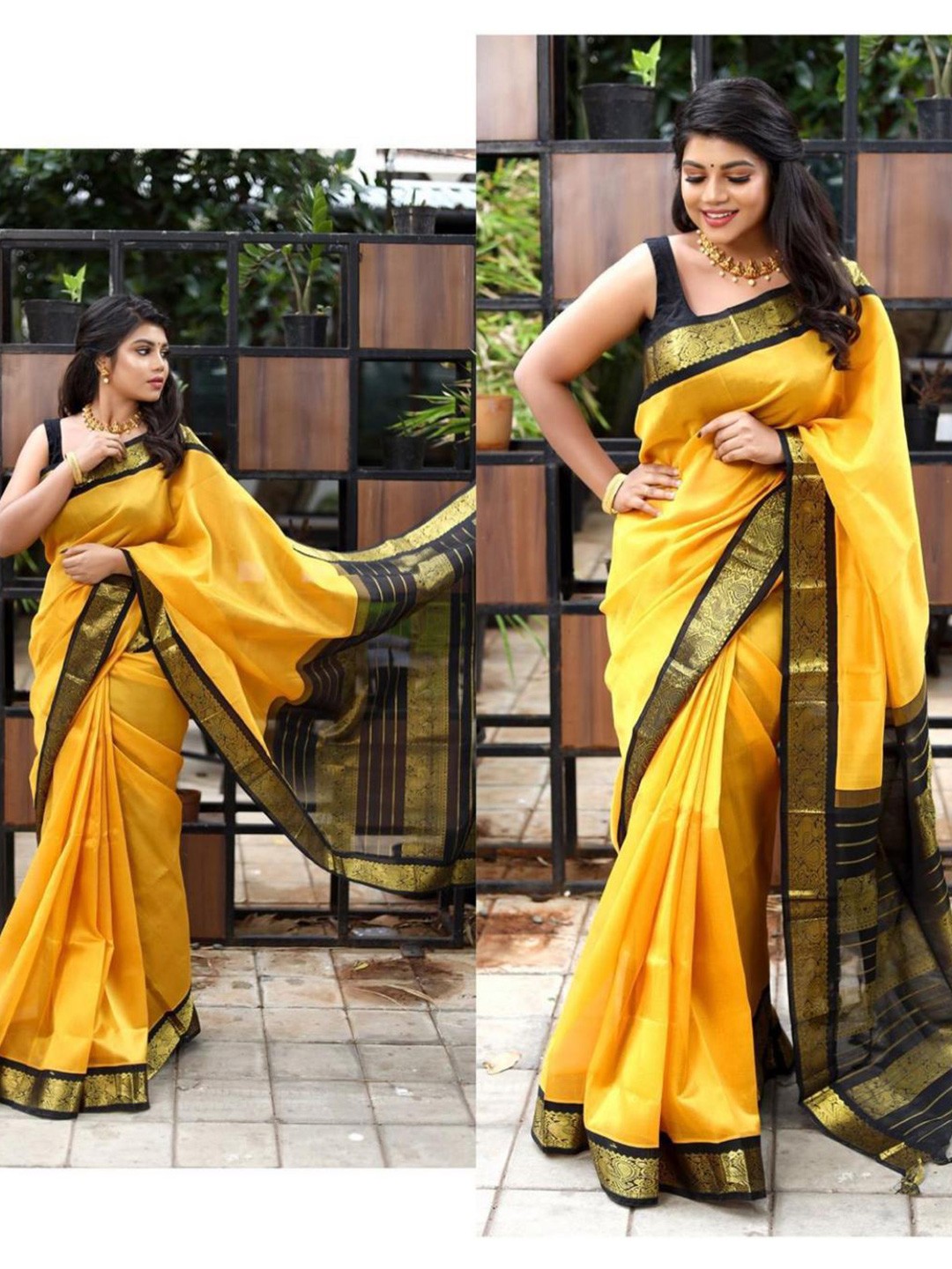 

Fashion Booms Zari Pure Silk Kanjeevaram Saree, Yellow