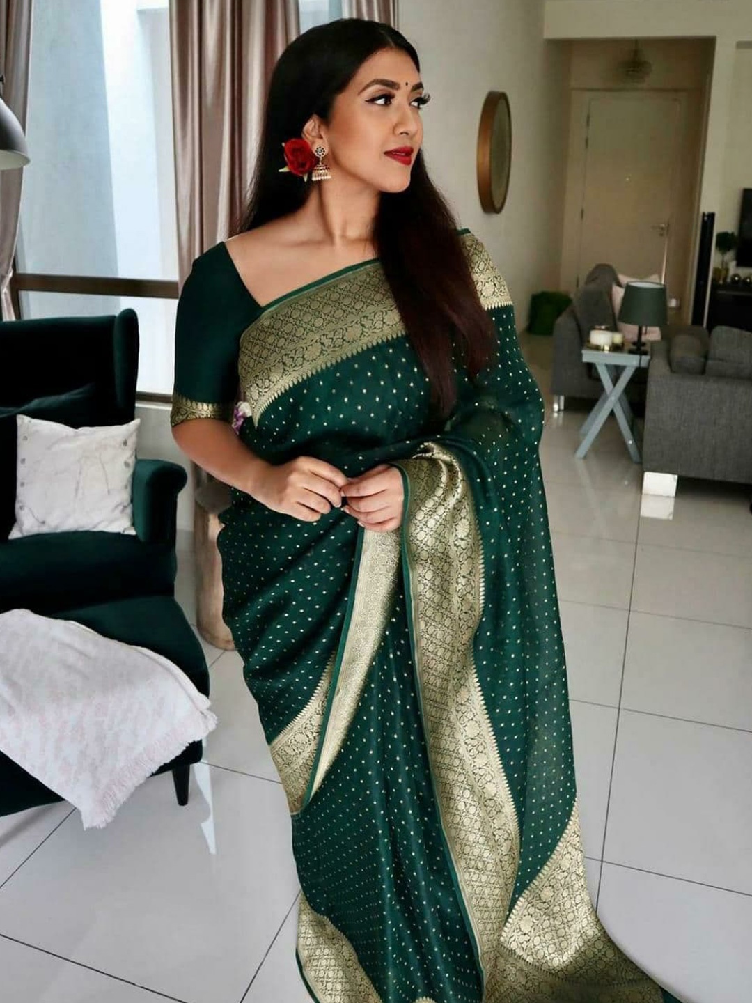 

Fashion Booms Woven Design Zari Pure Silk Kanjeevaram Saree, Green