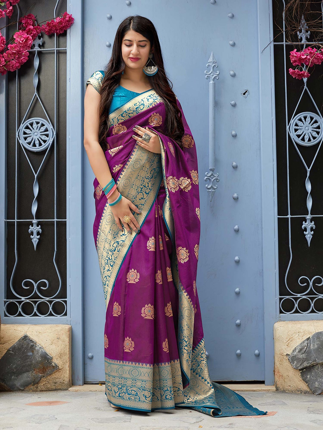 

Fashion Booms Ethnic Motifs Woven Design Zari Pure Silk Saree, Purple