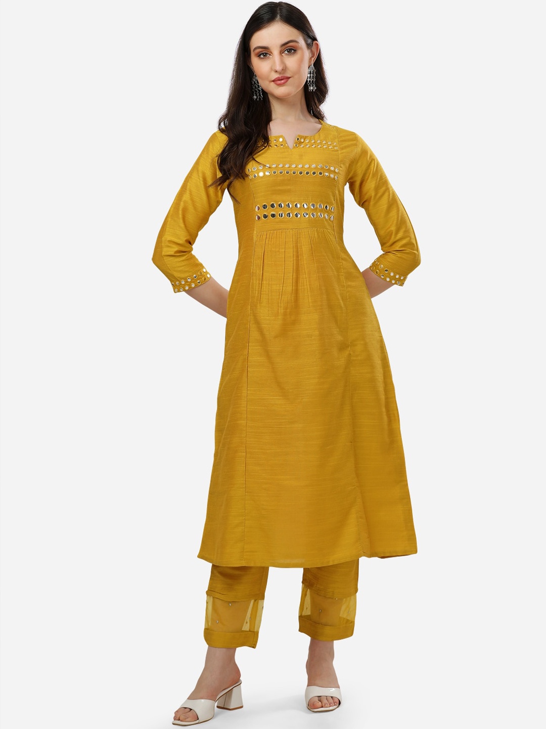 HERE&NOW Women Mustard Yellow Embroidered Panelled Mirror Work Kurta with Trousers