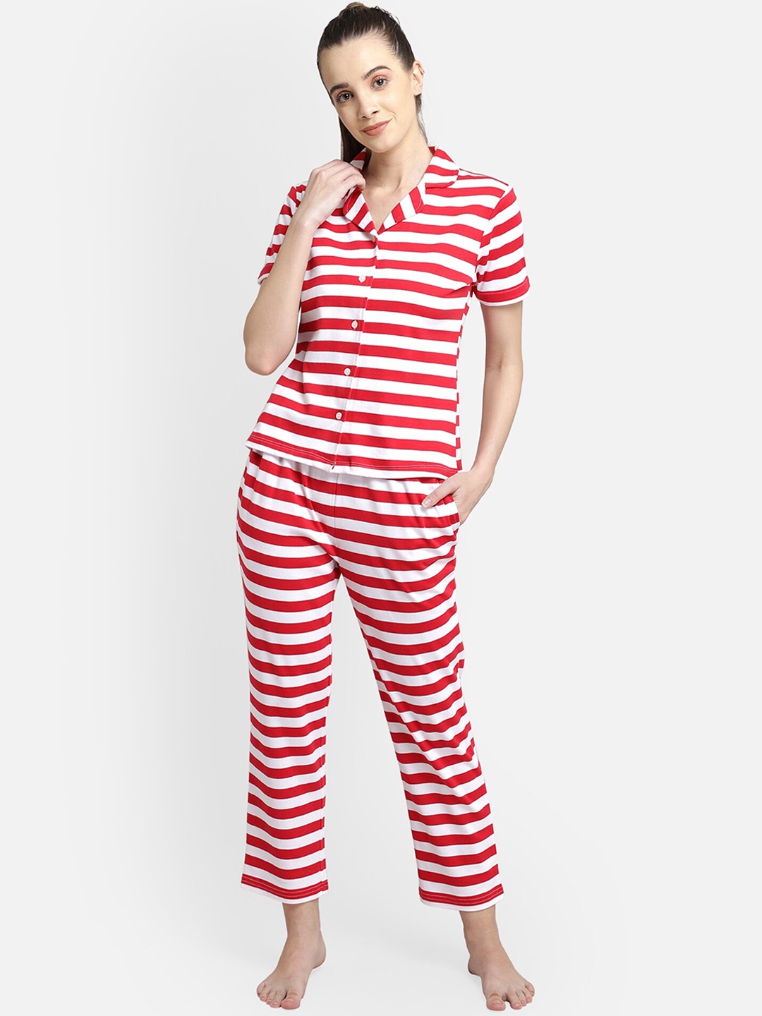 

Yaadleen Women Striped Cotton Night suit, Red