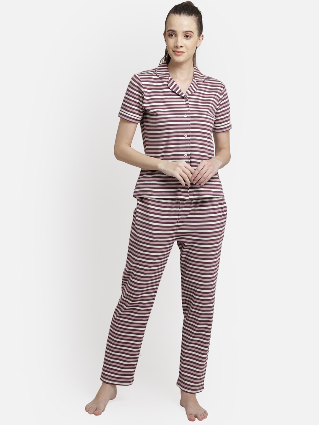 

Yaadleen Women Striped Cotton Night suit, Lavender