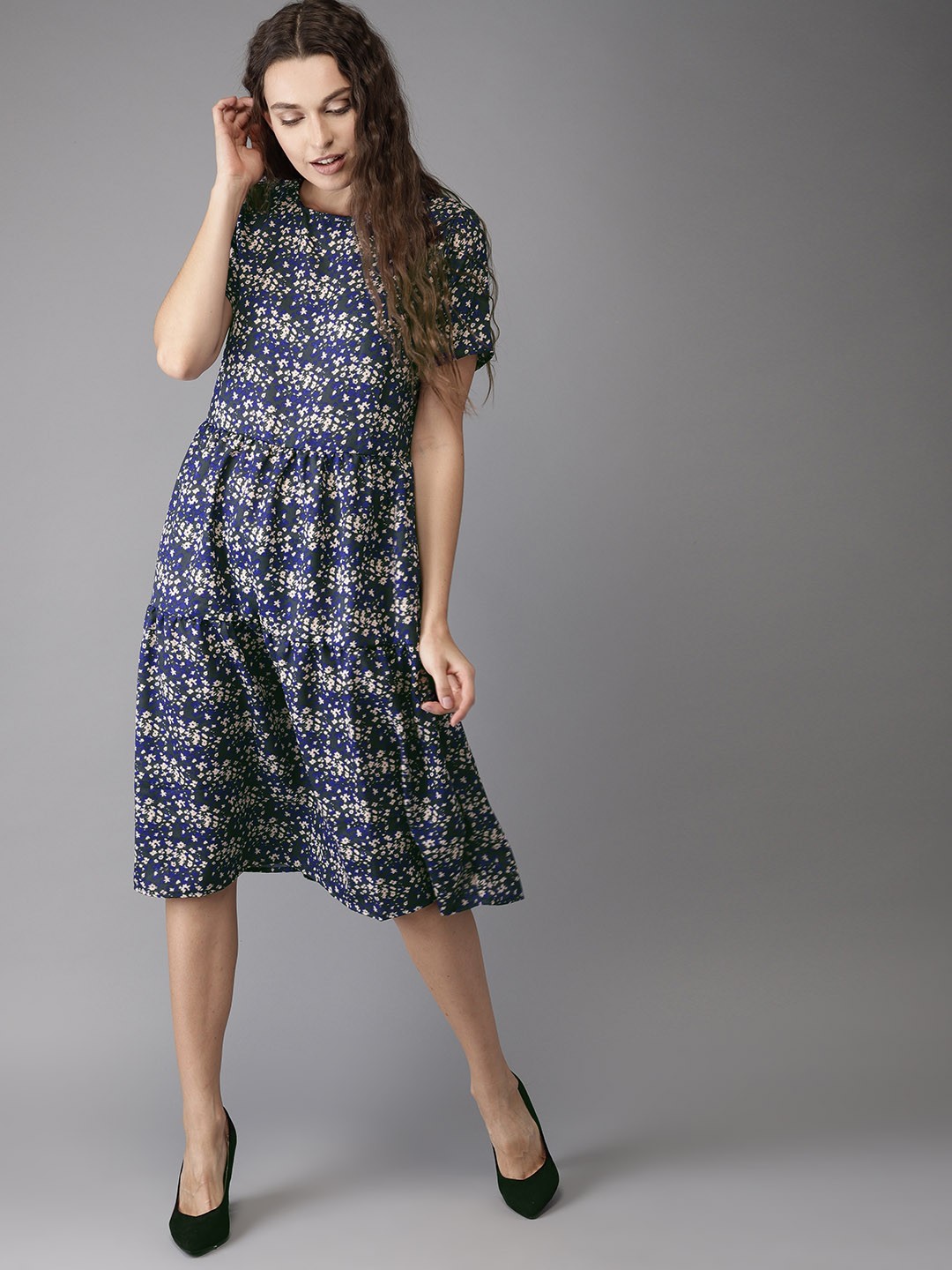 

Moda Rapido Women Navy & Green Printed Fit & Flare Dress, Navy blue