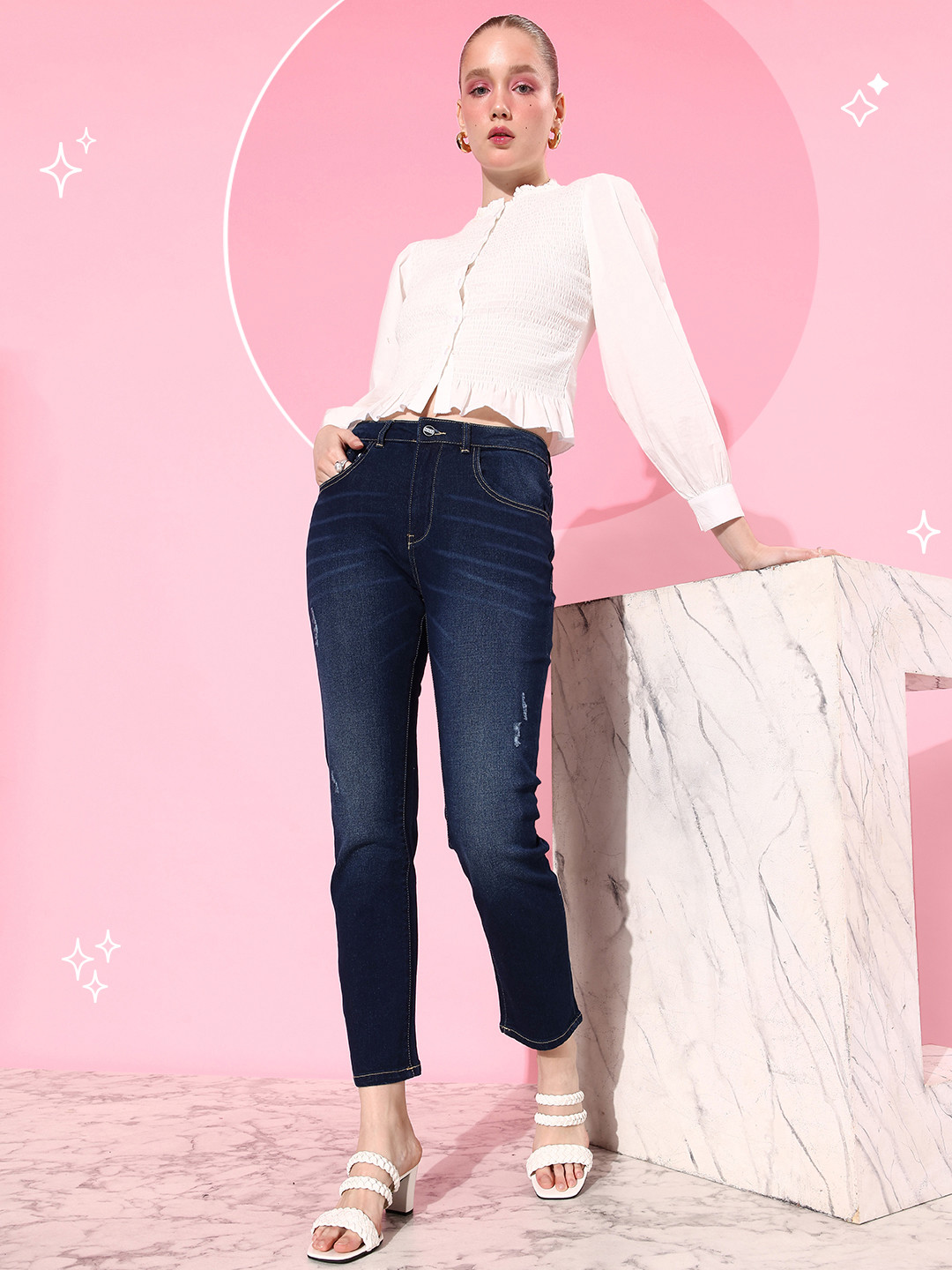 

Mast & Harbour Women We Party Upgraded Denims Slim Fit Low Distress Stretchable Jeans, Navy blue