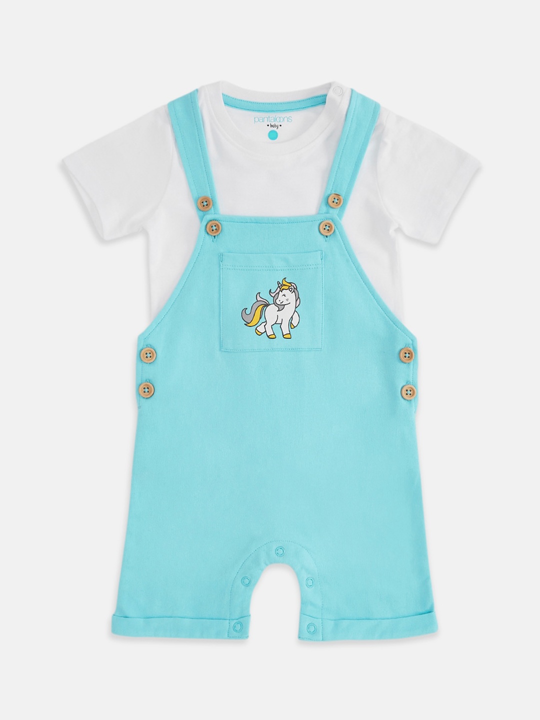 

Pantaloons Baby Unicorn Print Cotton Dungarees With T-Shirt, Blue