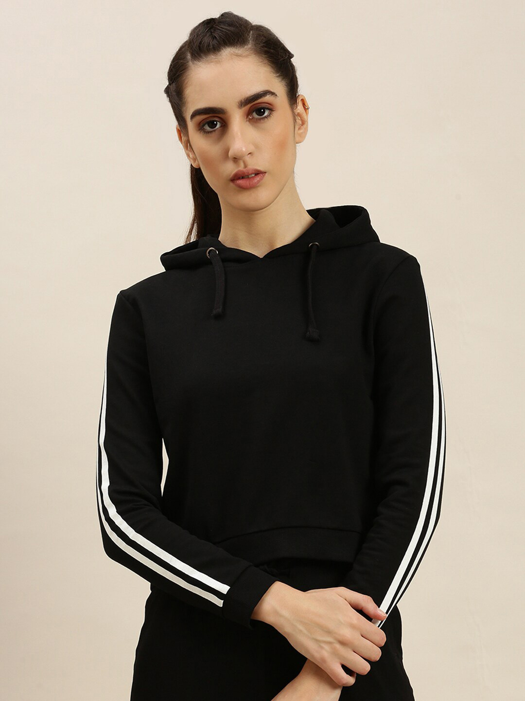 

De Moza Women Black Hooded Cotton Front- Open Sweatshirt