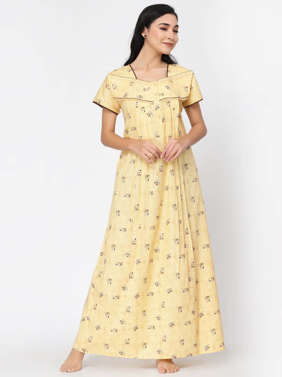 

Sweet Dreams Printed Maxi Pure Cotton Nightdress, Yellow