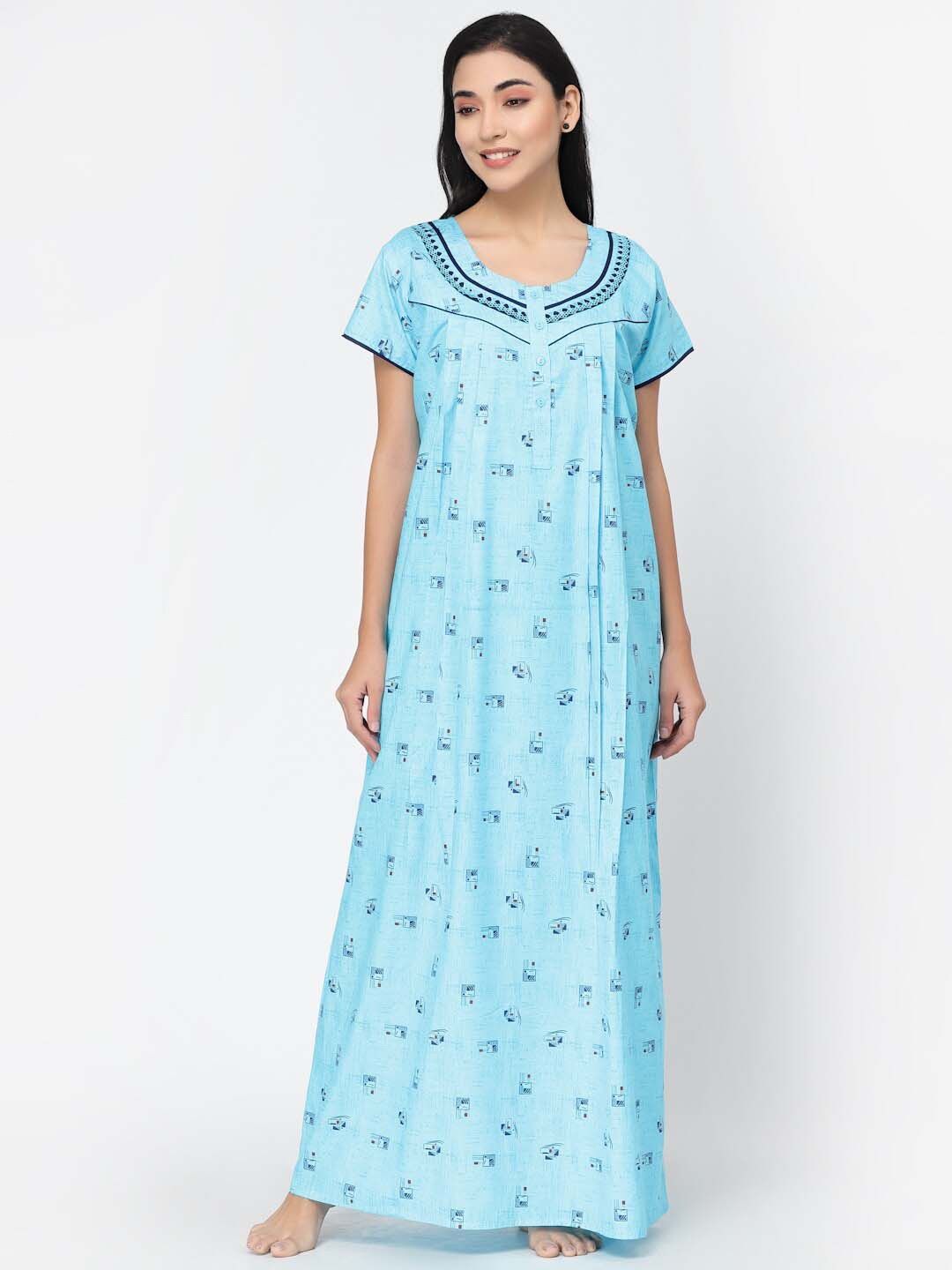 

Sweet Dreams Women Printed Pure Cotton Maxi Nightdress, Blue