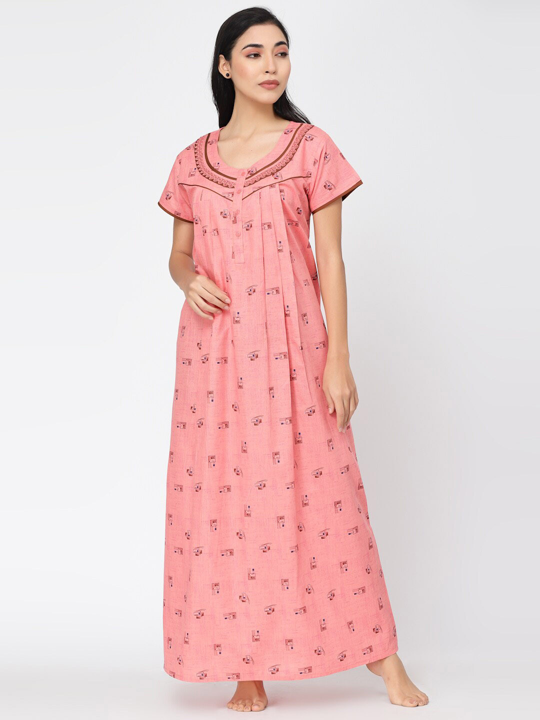 

Sweet Dreams Geometric Printed Pure Cotton Maxi Nightdress, Peach