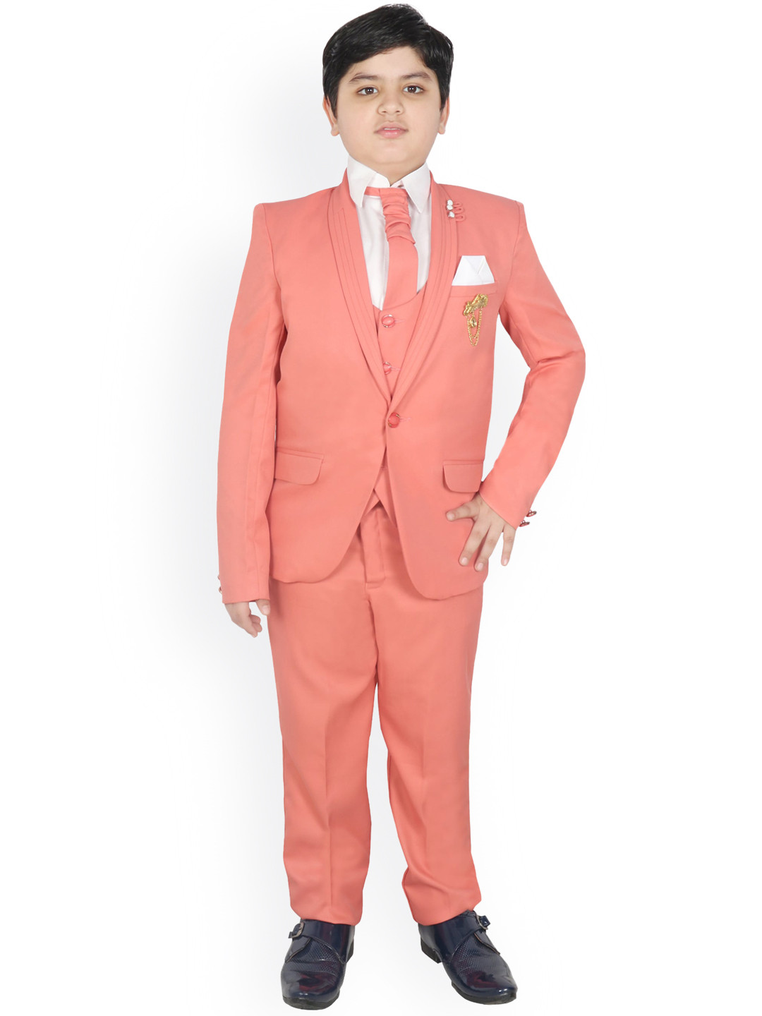 

SG YUVRAJ Boys Embellished Single-Breasted 5 Piece Suits, Peach